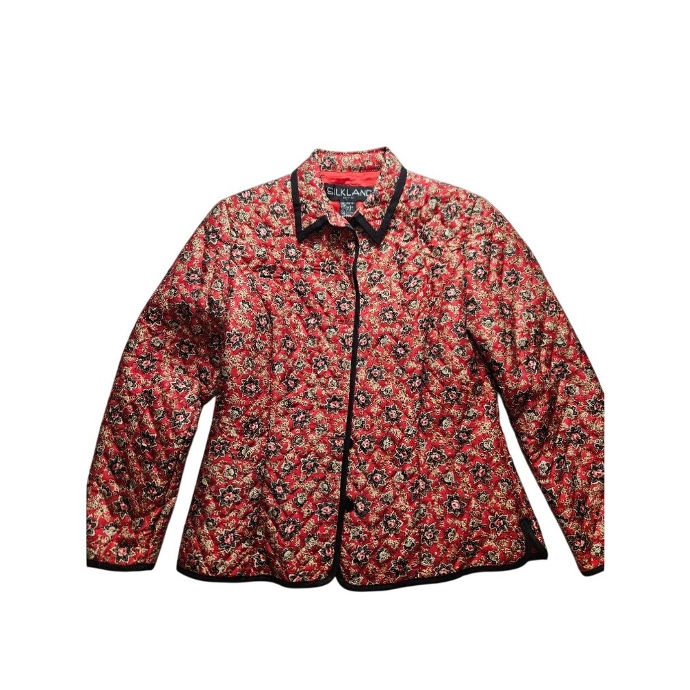 Silkland Petite Red Floral Quilted Silk Jacket Black Trim Button Front Size PS